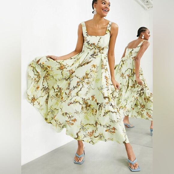 NWOT ASOS Edition Sleeveless Tiered Midi Dress in Woodland Print - Picture 1 of 6